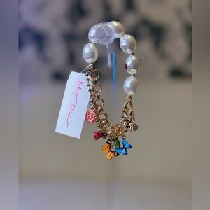 Betsey Johnson Pearl and Gold Chain Bracelet with Multicolor Butterfly Charms